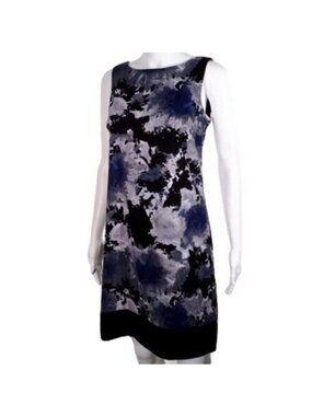 AB Studio Dress Womens Size 4 Abstract Floral Print Blue Black White Sleeveless